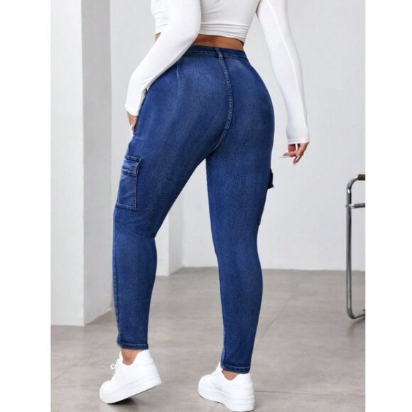 SHEIN EZ wear Plus Size Casual Washed Slim-Fit Cargo Jeans in Dark Wash - 0XL - Picture 6 of 6